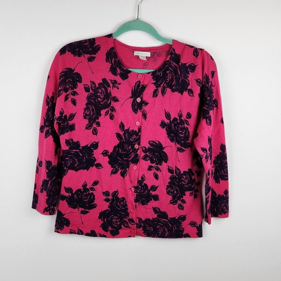 Garnet Hill 100% Merino Wool Lightweight Floral Button Front Cardigan M Flawed - Picture 1 of 9